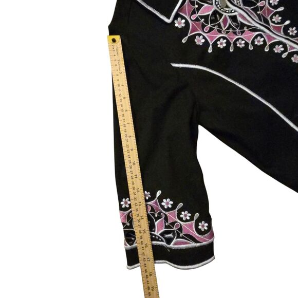 Bob Mackie Wearable Art Jacket Size L Black & Pink Embroidered Stretch Cut Outs - Picture 9 of 11